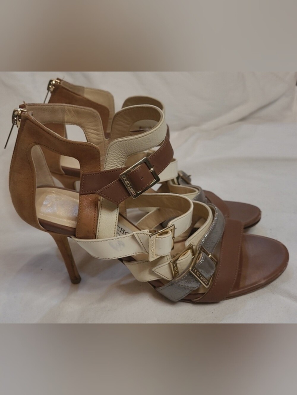 Jimmy Choo Leather Multi‑Strap Brown and Cream High Heel Sandals Size 6.5/37